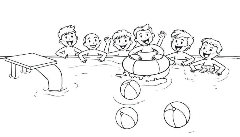 Una placa de color con niños jugando en una piscina.