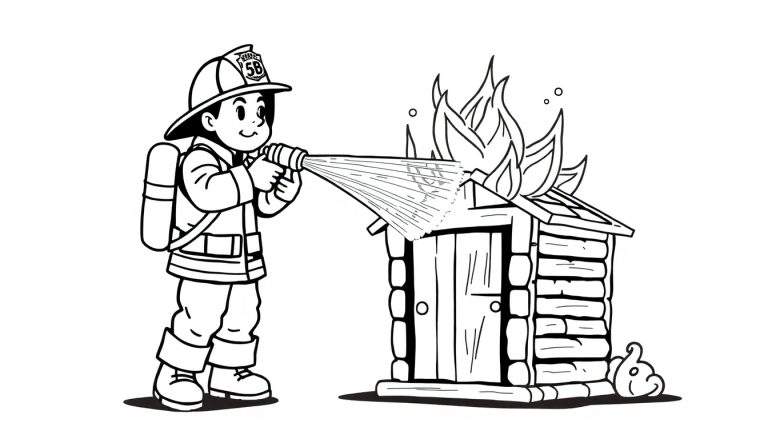 Un bombero infantil con casco y manguera apagando un pequeño edificio en llamas, para colorear en placa de color.