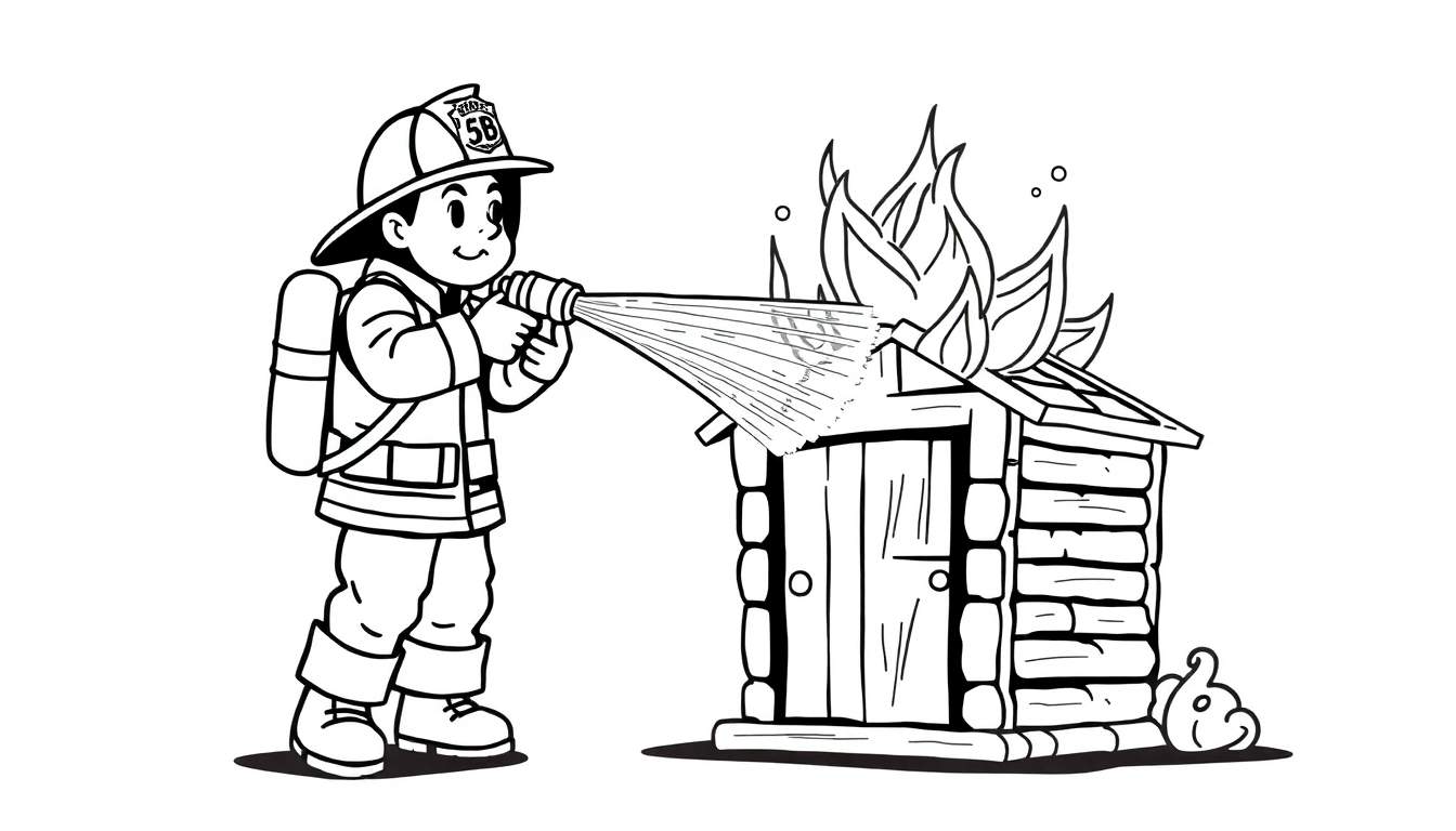 Un bombero infantil con casco y manguera apagando un pequeño edificio en llamas, para colorear en placa de color.