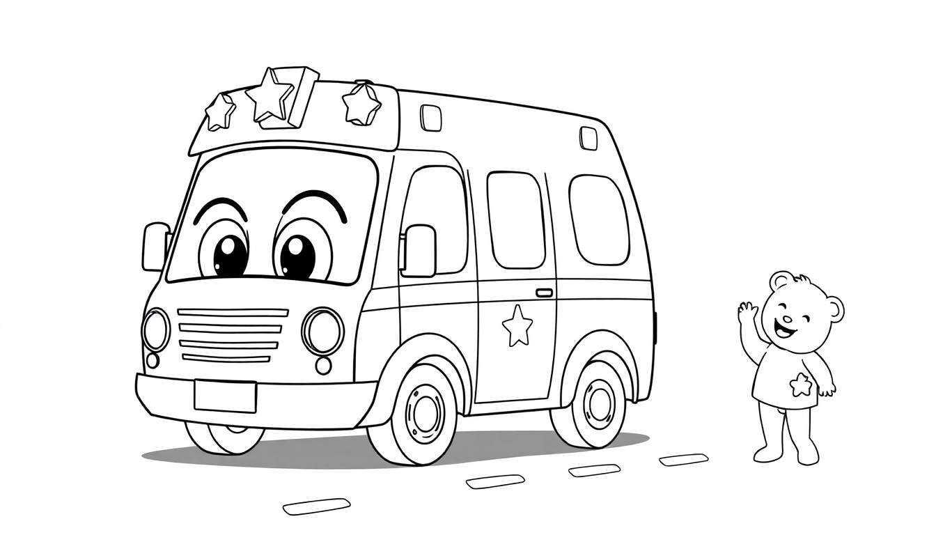 Página para colorear de un autobús amigable, con estrellas y un oso de peluche, listo para un toque de placa de color.