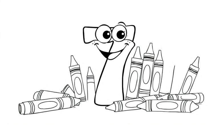 Un número 7 animado con cara sonriente rodeado de crayones de colores, listo para ser coloreado. Placa de color.