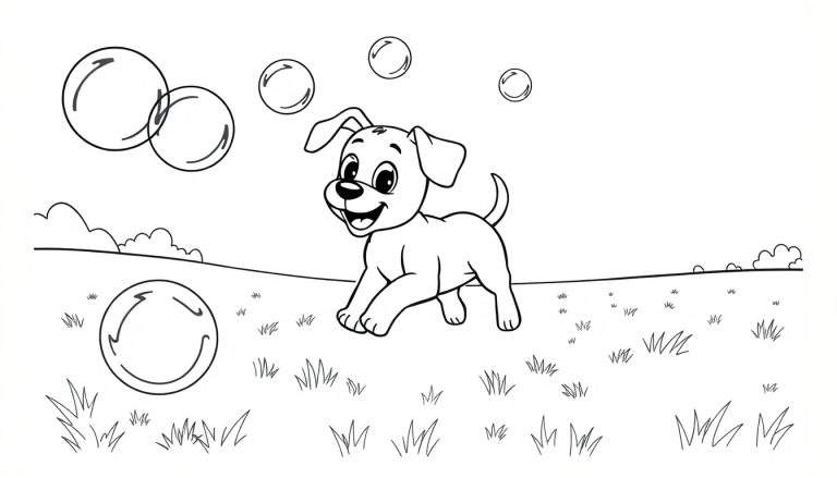 Un cachorro de dibujos animados en blanco y negro persiguiendo burbujas en un campo de hierba, listo para ser coloreado. Placa de color.