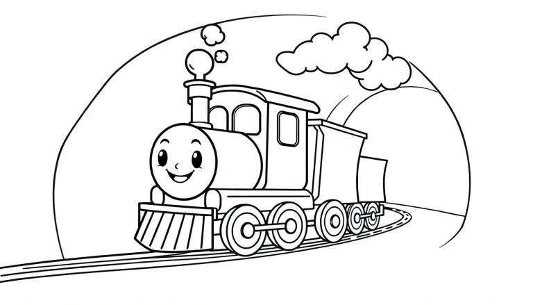 Placa de color de un tren de dibujos animados sonriente saliendo de un túnel.