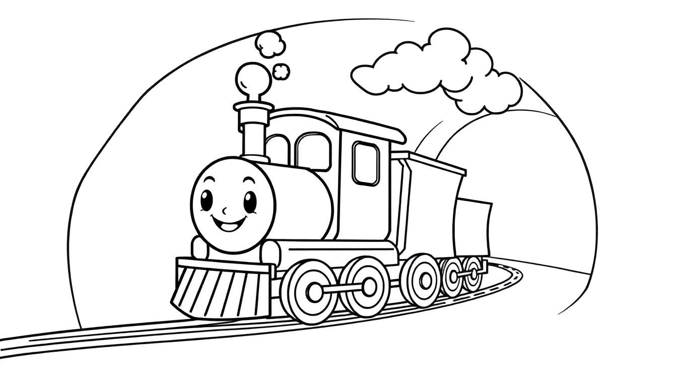 Placa de color de un tren de dibujos animados sonriente saliendo de un túnel.