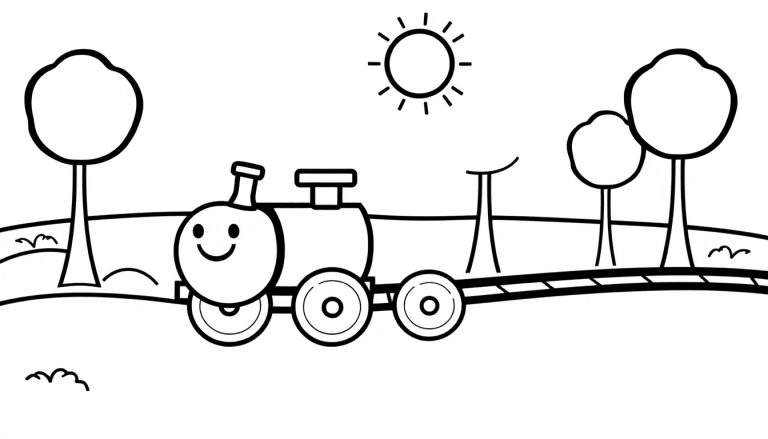 Tren de juguete sonriente en una placa de color rodeado de árboles y sol.