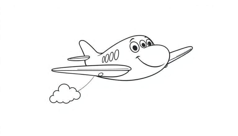 Avión amigable para colorear con cara sonriente, ojos grandes y nubes