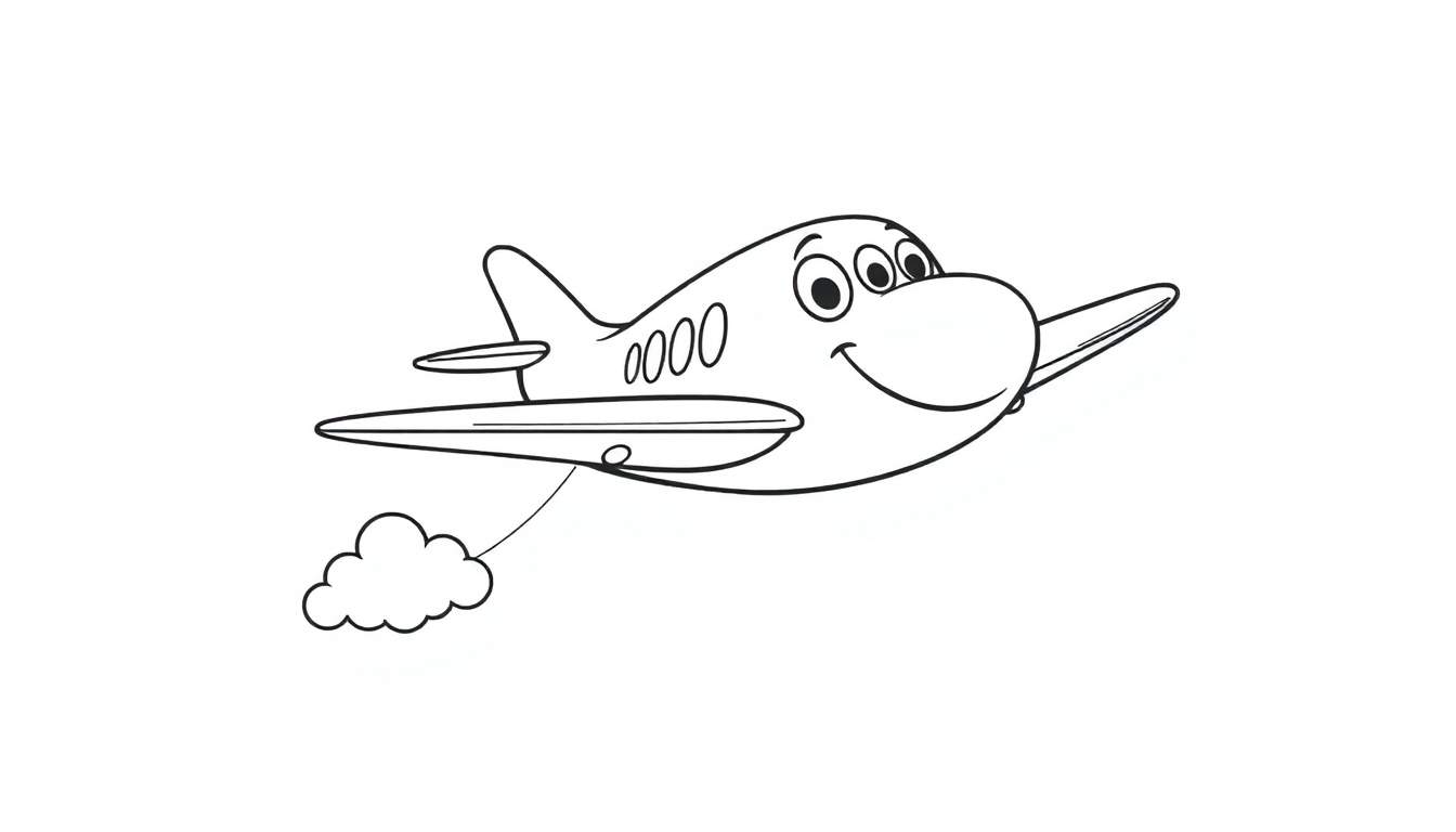 Avión amigable para colorear con cara sonriente, ojos grandes y nubes