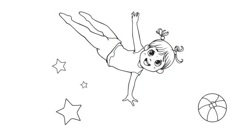 Placa de color de una niña sonriendo mientras flota con estrellas y una pelota de playa.