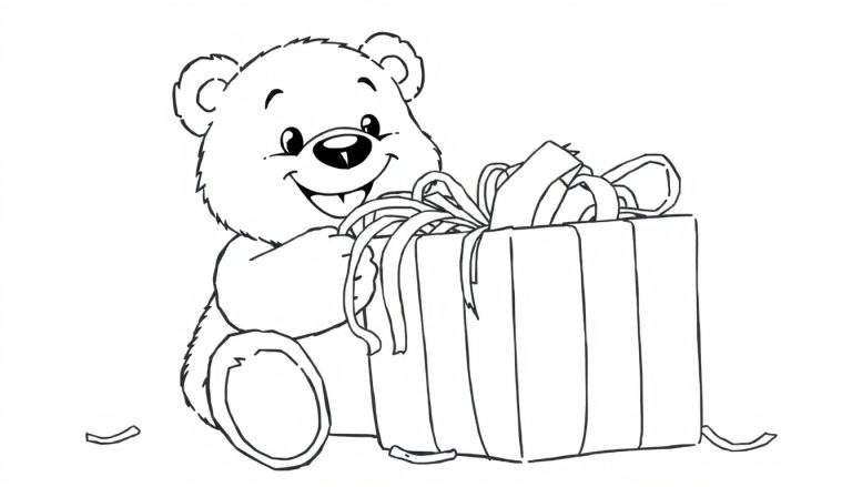 Osito de peluche feliz abriendo un regalo envuelto en una placa de color.