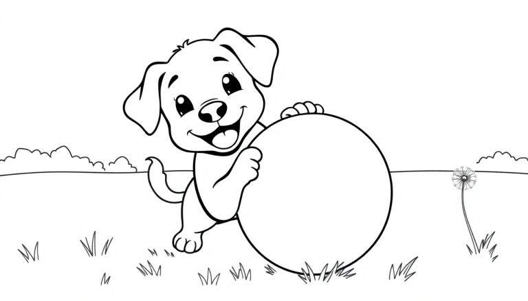 Placa de color de un cachorro feliz jugando con una gran pelota.