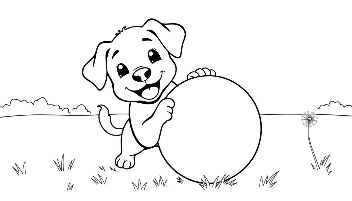 Placa de color de un cachorro feliz jugando con una gran pelota.