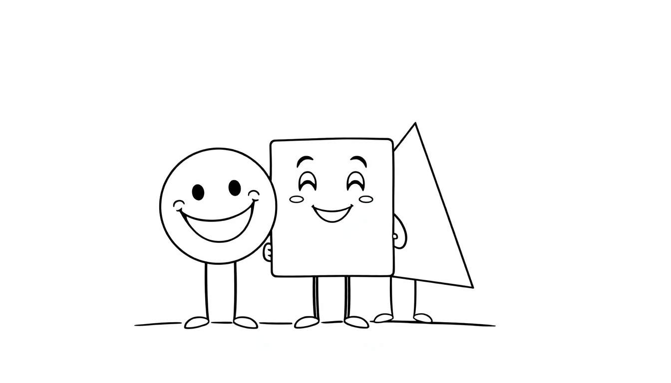 Placa de color con un círculo, cuadrado y triángulo sonrientes cogidos de la mano.