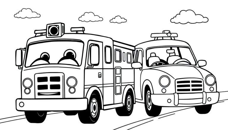 Un camión de bomberos y un coche de policía con caras amigables en una página para colorear de placa de color.