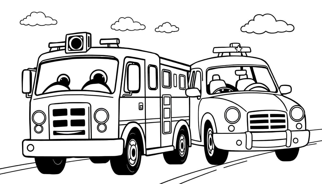 Un camión de bomberos y un coche de policía con caras amigables en una página para colorear de placa de color.