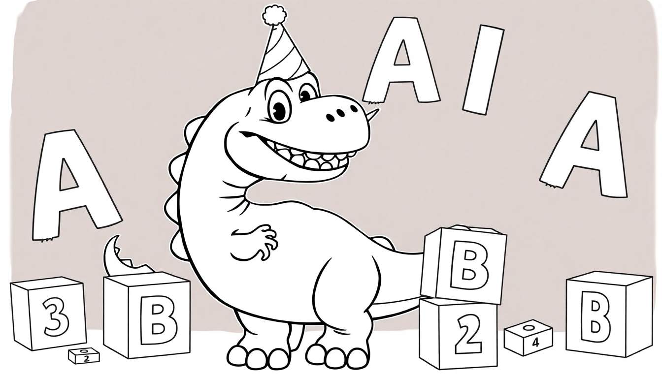 Página para colorear de un dinosaurio amigable con un sombrero de fiesta, rodeado de letras y números, lista para pintar.