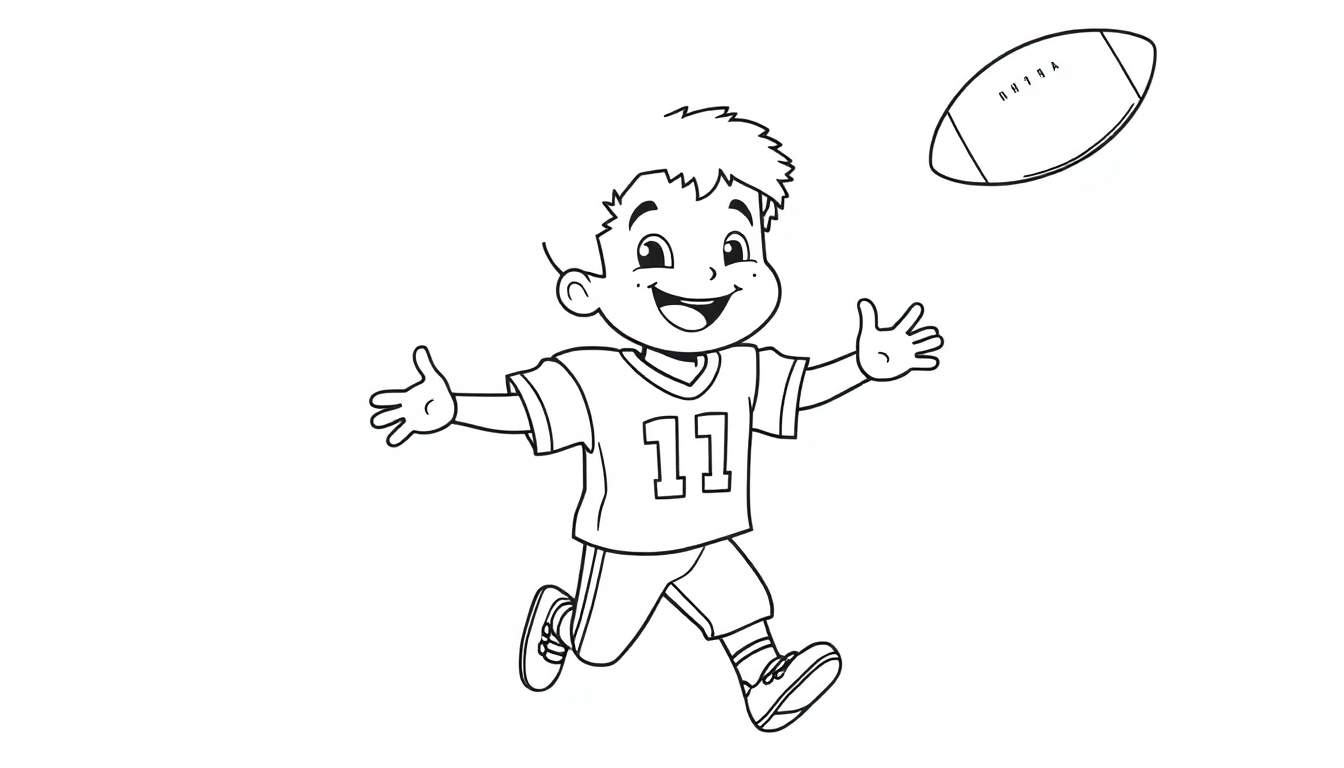 Un niño feliz con la camiseta número 11, persiguiendo un balón de fútbol americano, listo para atraparlo en esta placa de color.