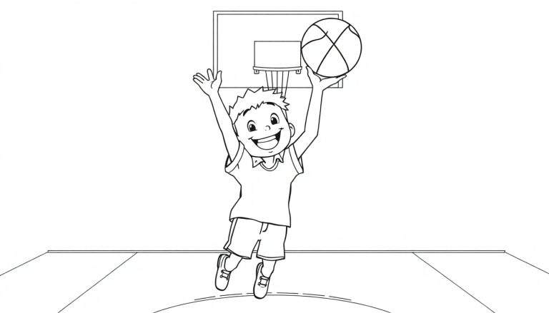 Página para colorear de un niño feliz saltando para encestar una pelota de baloncesto, mostrando una placa de color vibrante.