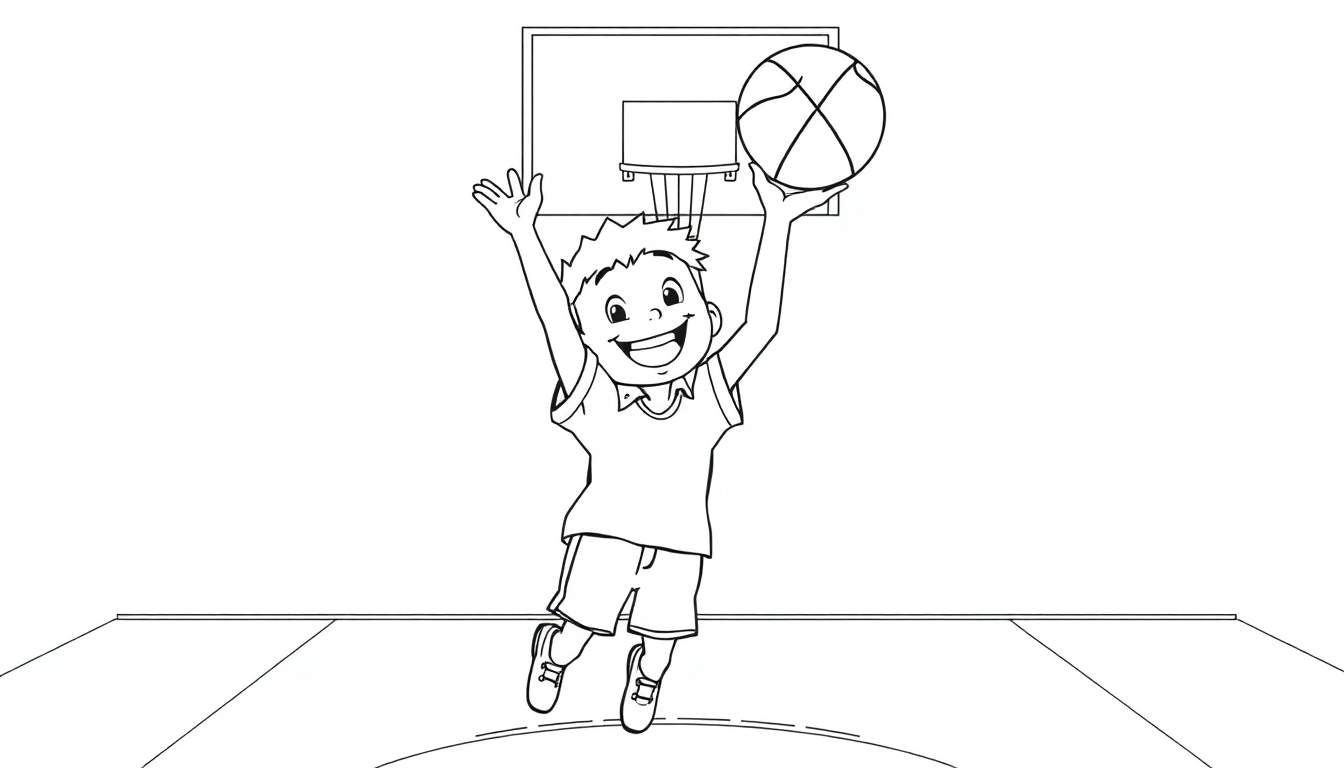 Página para colorear de un niño feliz saltando para encestar una pelota de baloncesto, mostrando una placa de color vibrante.