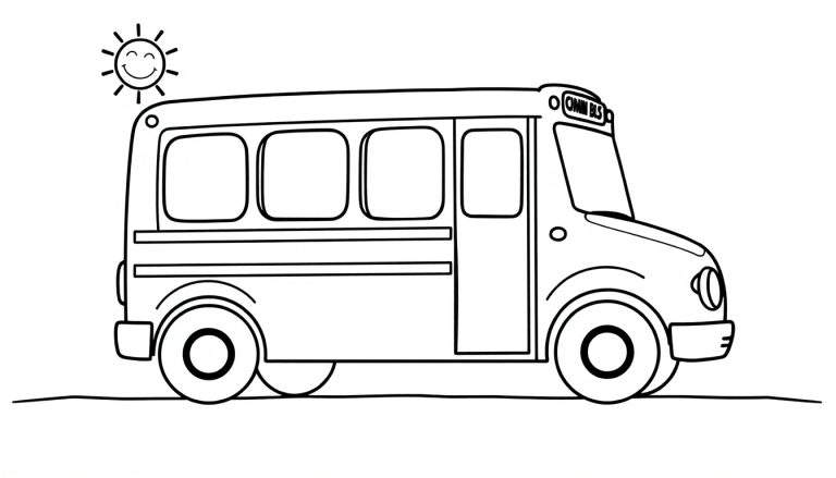 Dibujo infantil de un autobús escolar listo para colorear, con un sol sonriente arriba.