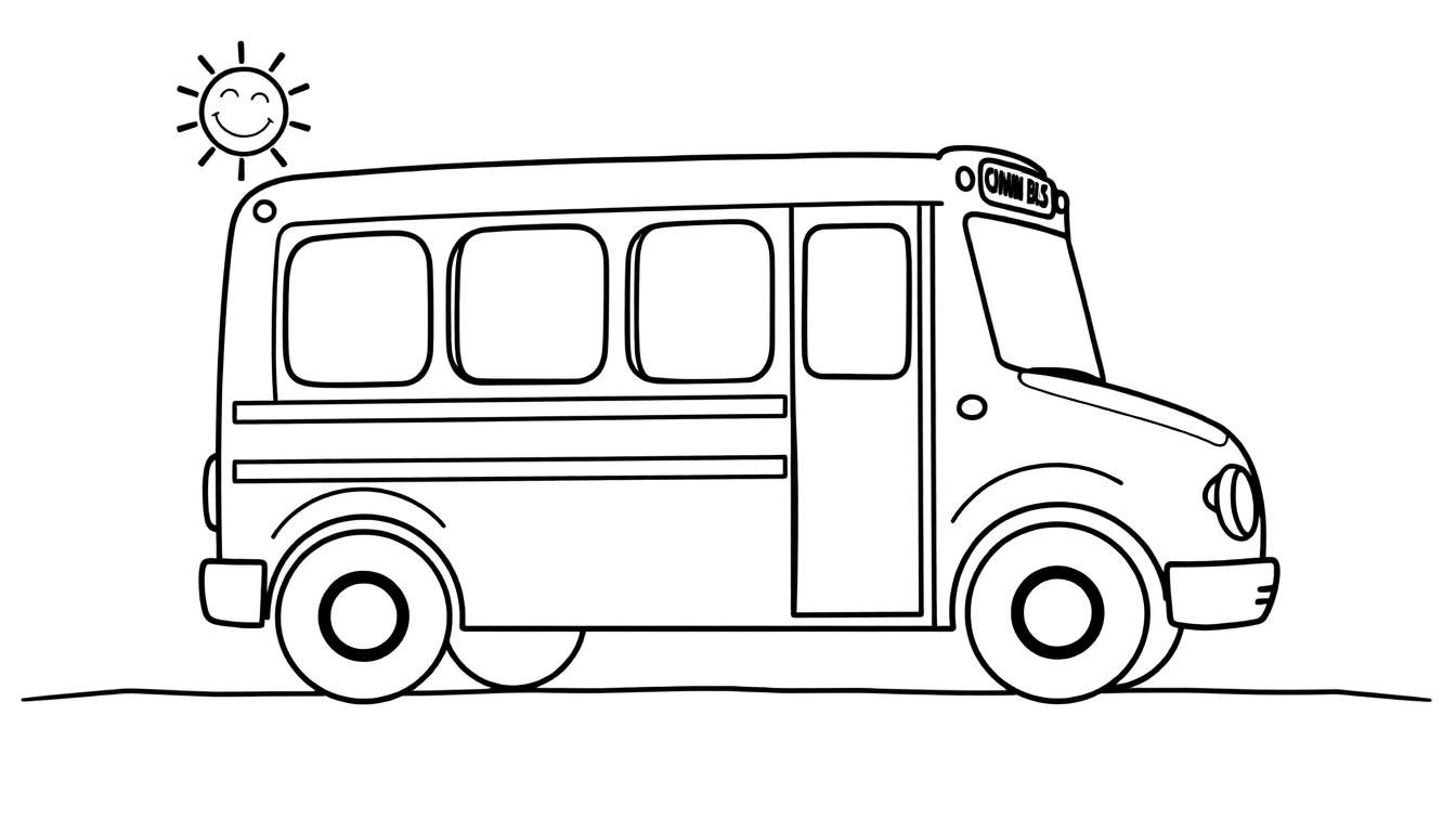 Dibujo infantil de un autobús escolar listo para colorear, con un sol sonriente arriba.