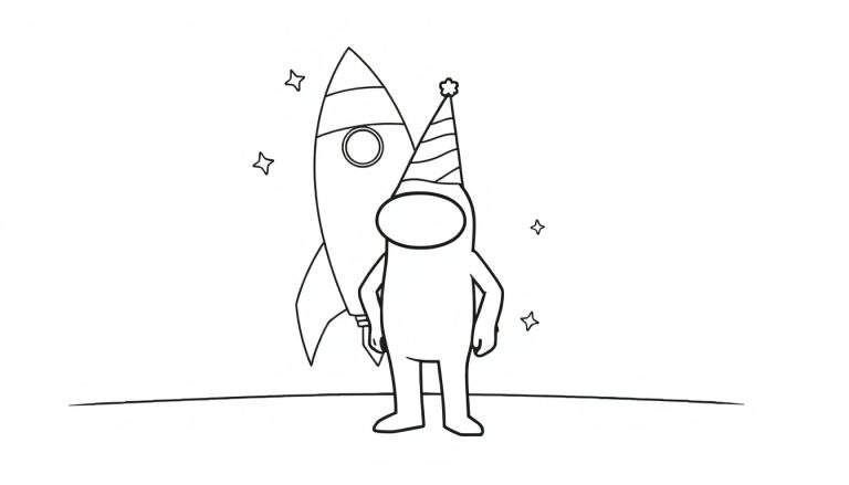 Un personaje de Among Us con sombrero de fiesta, listo para una misión espacial, sobre una placa de color.