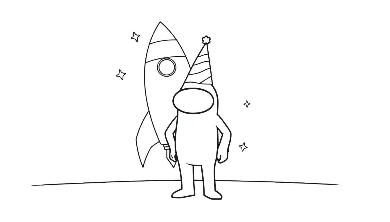 Un personaje de Among Us con sombrero de fiesta, listo para una misión espacial, sobre una placa de color.