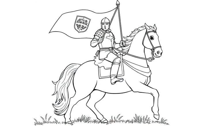 Dibujo de un caballero español en armadura brillante sobre un caballo blanco, sosteniendo una bandera, con pasto abajo. Listo para colorear.