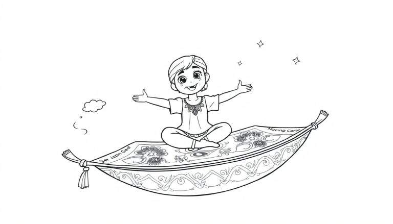 Niño feliz en una alfombra mágica volando con estrellas y una nube de pensamiento musical. Placa de color para colorear.