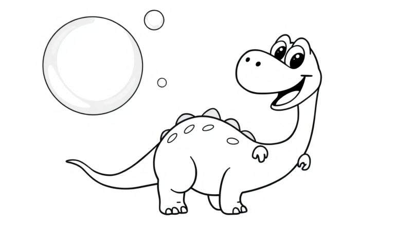 Página para colorear de un dinosaurio Apatosaurus amigable jugando con burbujas, con una placa de color.