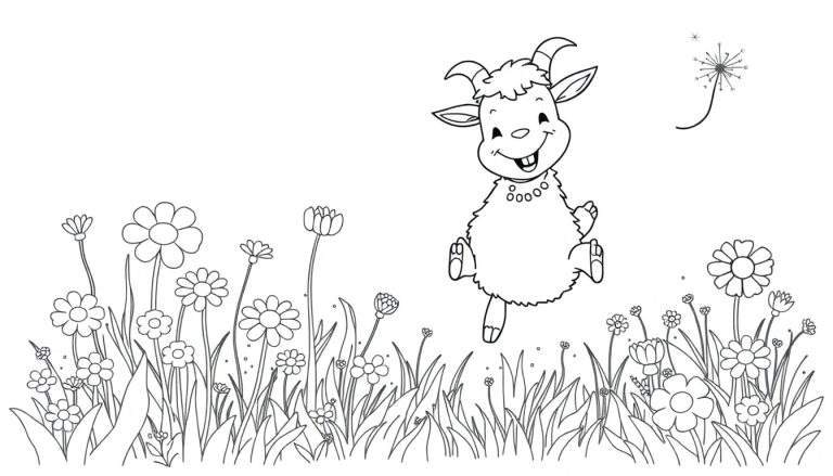 Placa de color: cabrito saltando en un campo de flores.