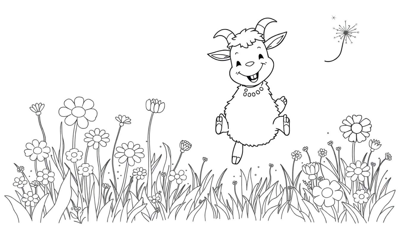 Placa de color: cabrito saltando en un campo de flores.
