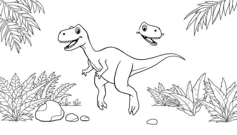 Placa de color de un dinosaurio feliz con dientes afilados.