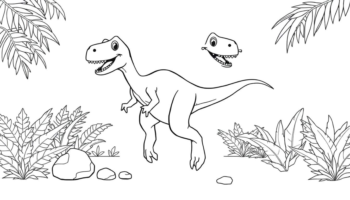 Placa de color de un dinosaurio feliz con dientes afilados.