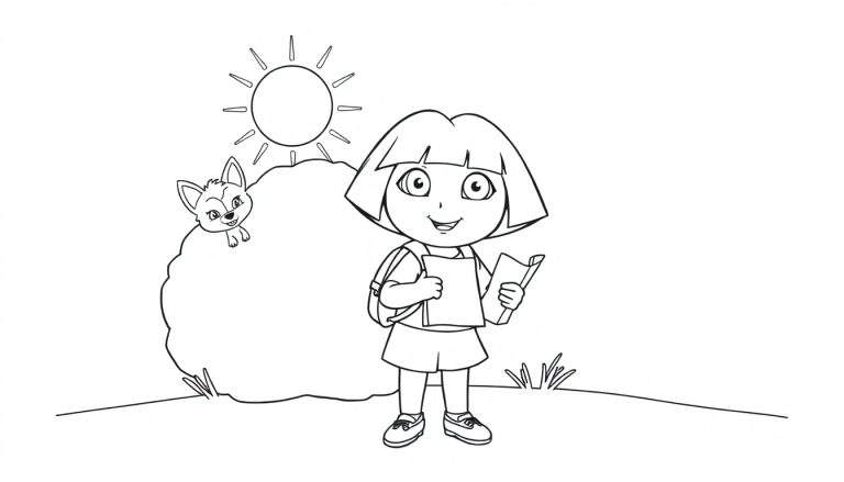 Dora la Exploradora lista para colorear, con un libro y un mapa, parada en una colina con un zorro espiando. Placa de color.