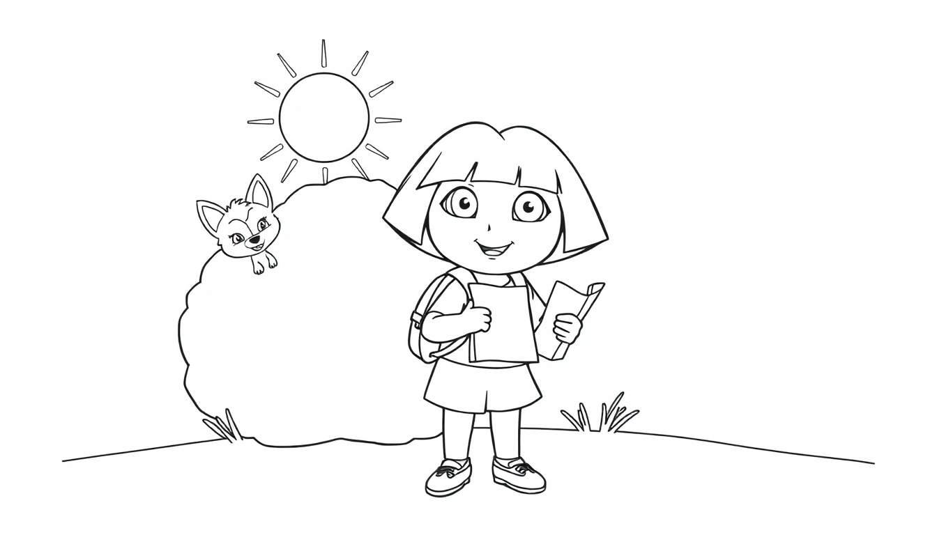 Dora la Exploradora lista para colorear, con un libro y un mapa, parada en una colina con un zorro espiando. Placa de color.