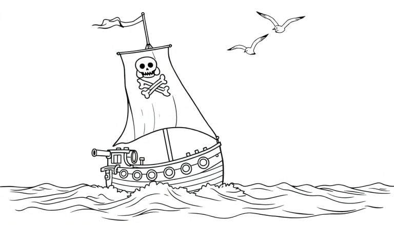 Un barco pirata listo para colorear en blanco y negro, con una calavera en la vela y gaviotas volando, sobre una placa de color para pintar.
