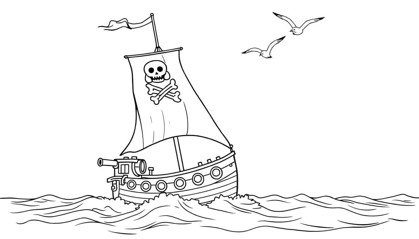 Un barco pirata listo para colorear en blanco y negro, con una calavera en la vela y gaviotas volando, sobre una placa de color para pintar.