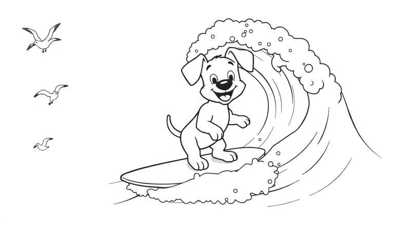 Placa de color de un perro surfista feliz en una gran ola con gaviotas.