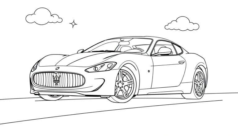 Un coche deportivo Maserati de la placa de color listo para colorear, con nubes y una estrella.