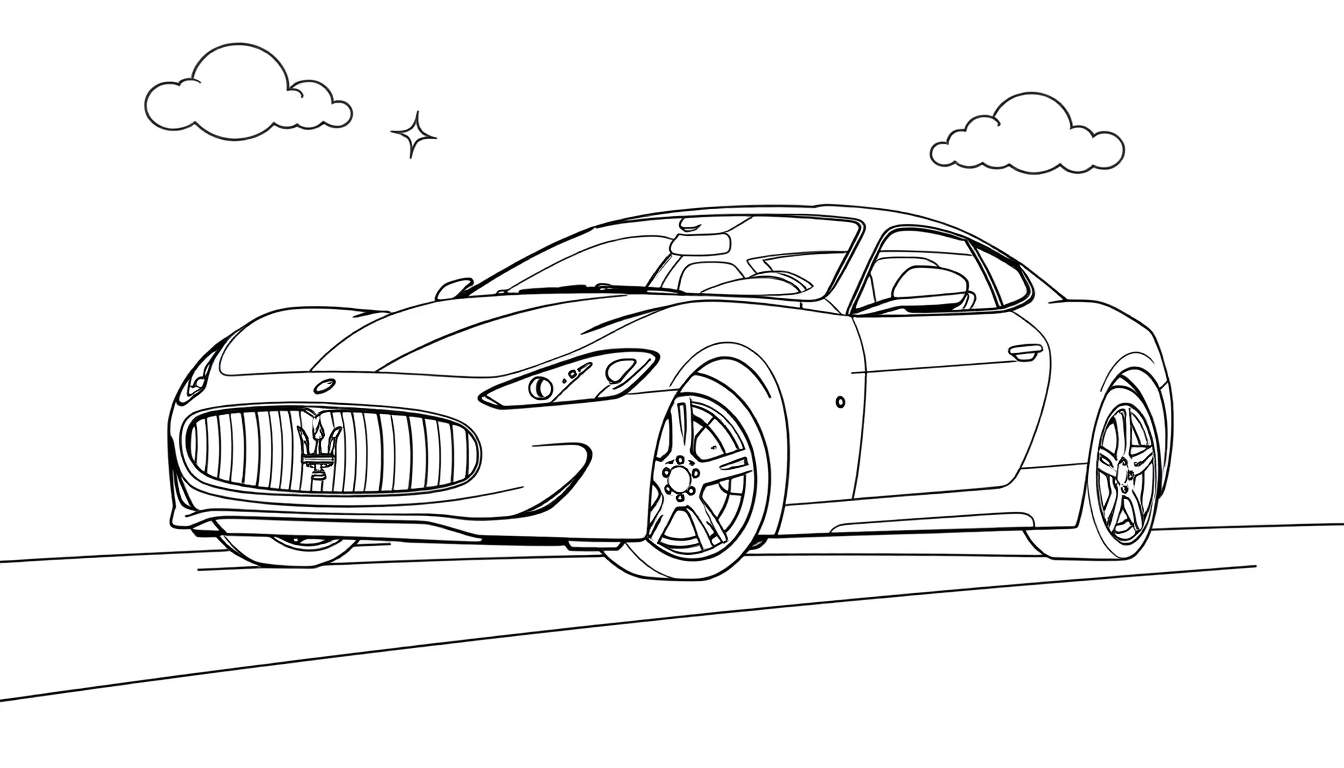 Un coche deportivo Maserati de la placa de color listo para colorear, con nubes y una estrella.