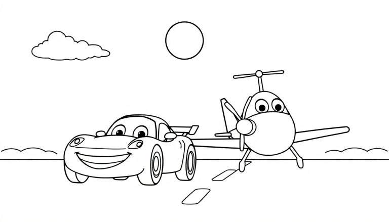 Un coche de carreras sonriente y un avión con la hélice girando, listos para colorear en una placa de color.
