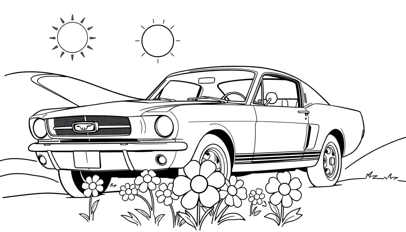 Un Ford Mustang clásico listo para colorear, con un capó abierto y un paisaje soleado con montañas y flores.