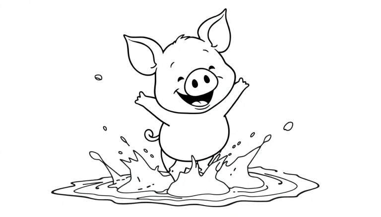 Placa de color de un cerdito feliz chapoteando en un charco.
