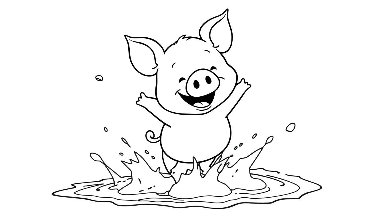 Placa de color de un cerdito feliz chapoteando en un charco.