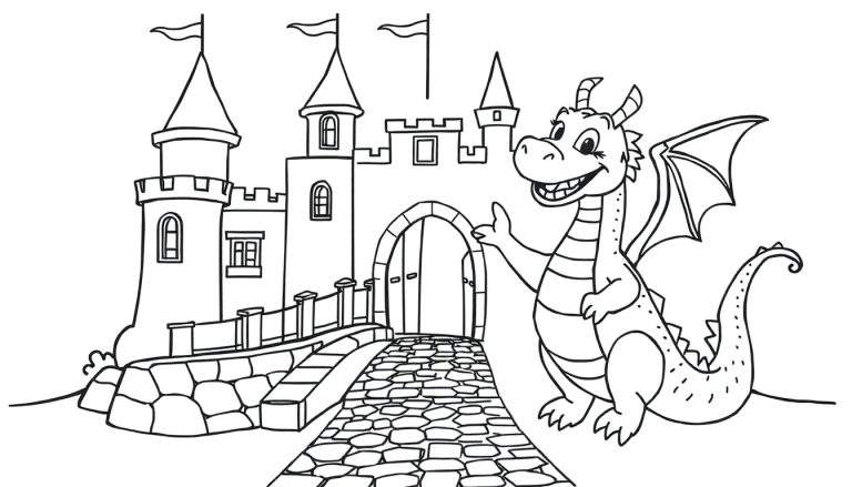 Placa de color: Dragón amigable saludando frente a un castillo.