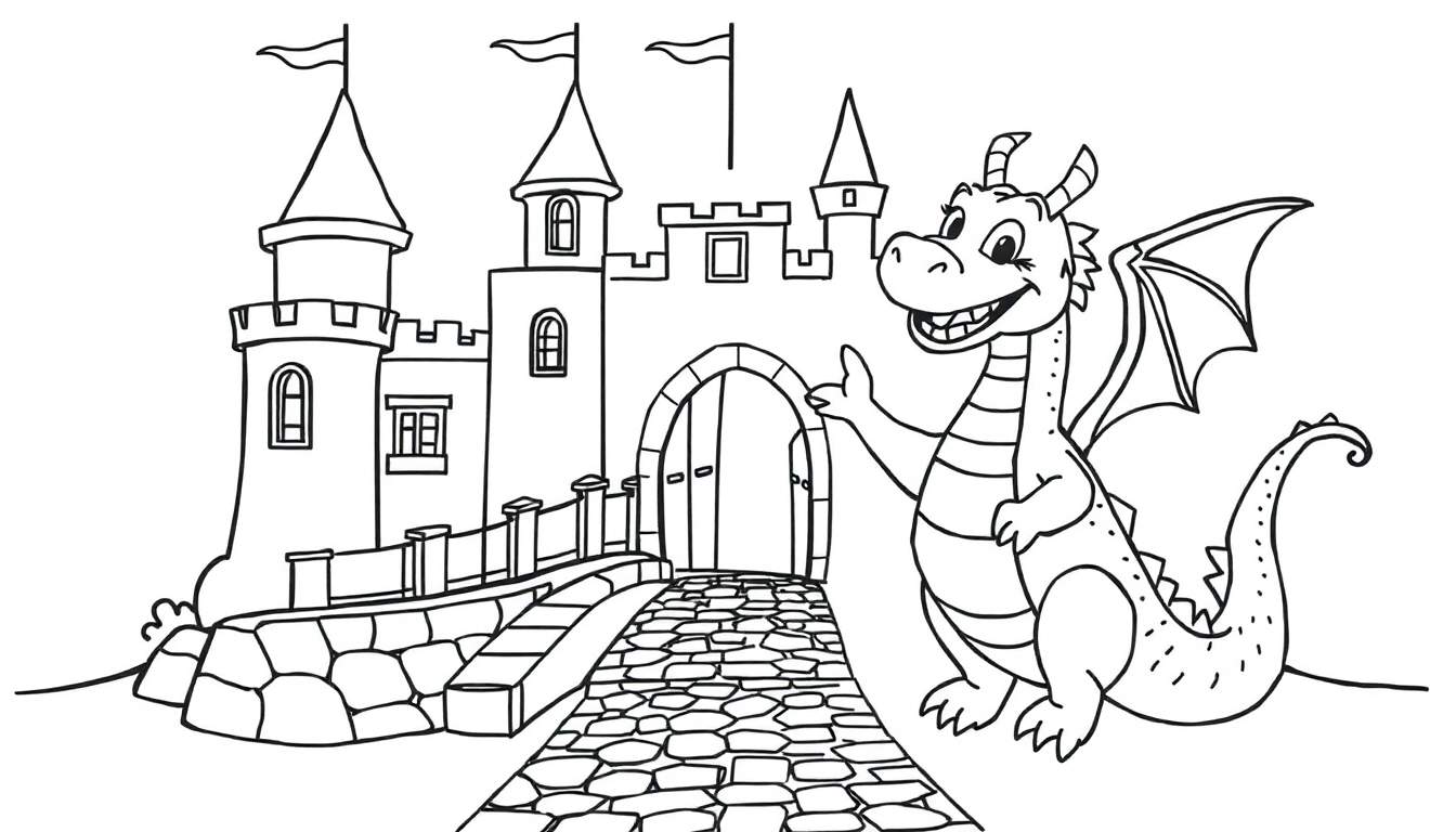 Placa de color: Dragón amigable saludando frente a un castillo.