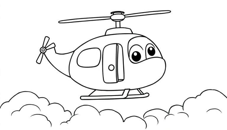 Placa de color de un helicóptero de dibujos animados amigable volando sobre las nubes.