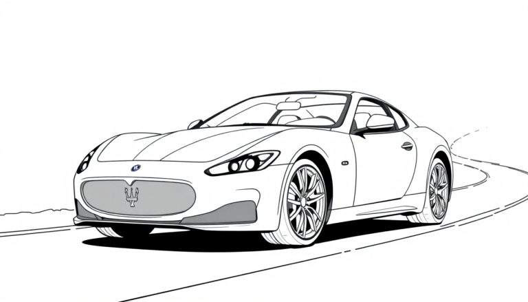 Página para colorear con la placa de color de un Maserati GranTurismo blanco, diseñado con líneas para colorear.