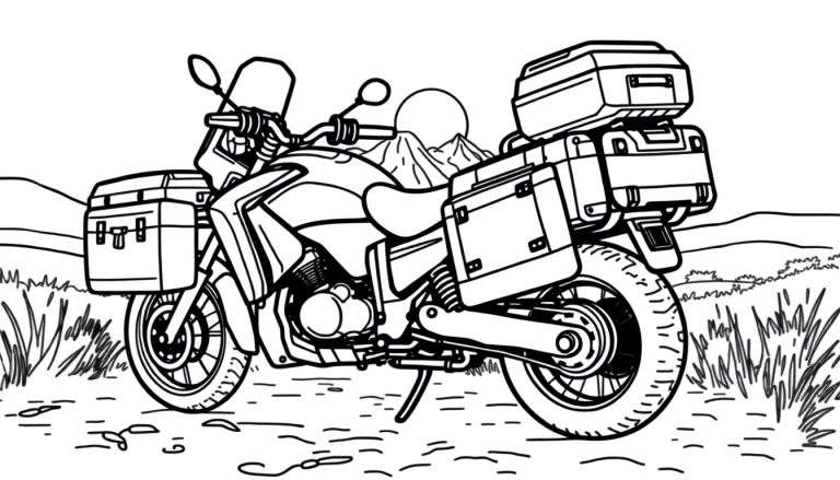 Una motocicleta de aventura lista para colorear, con la placa de color lista para ser imaginada.