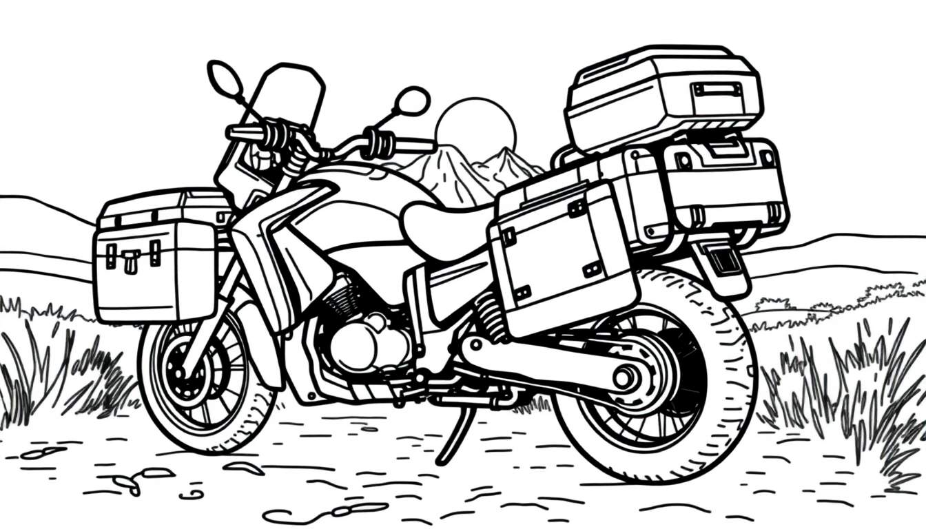 Una motocicleta de aventura lista para colorear, con la placa de color lista para ser imaginada.